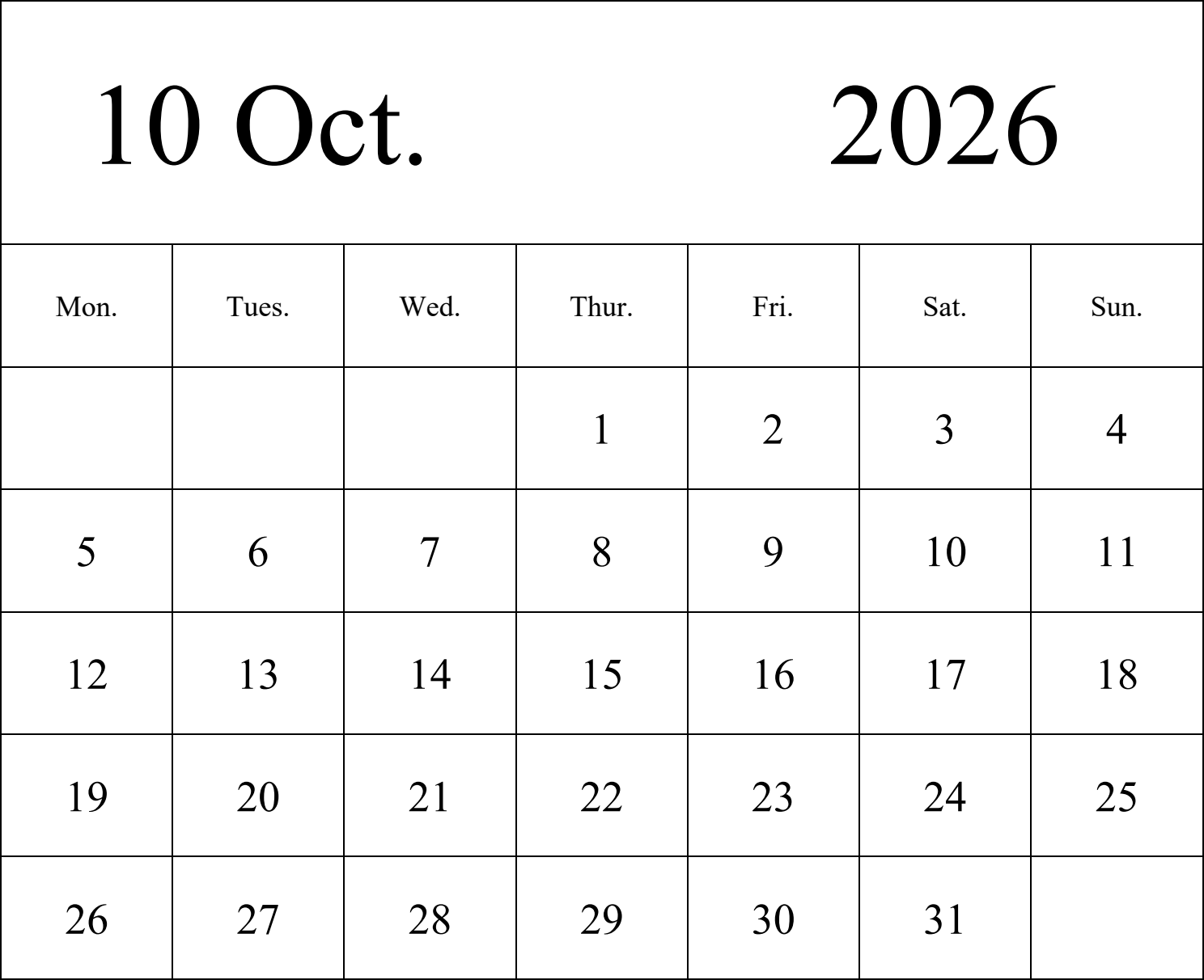 日历表2026年日历 英文版 纵向排版 周一开始